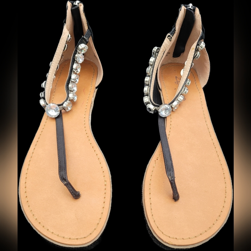 Zigi Soho Black Jeweled T-Strap Sandals with Tan Footbed